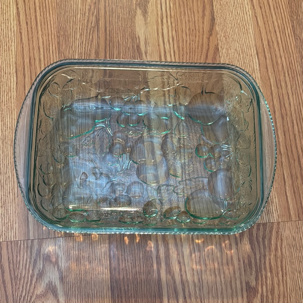 Libbey Orchard Fruit Green Glass Casserole Rectangle Baking Dish 9 x 12 VTG